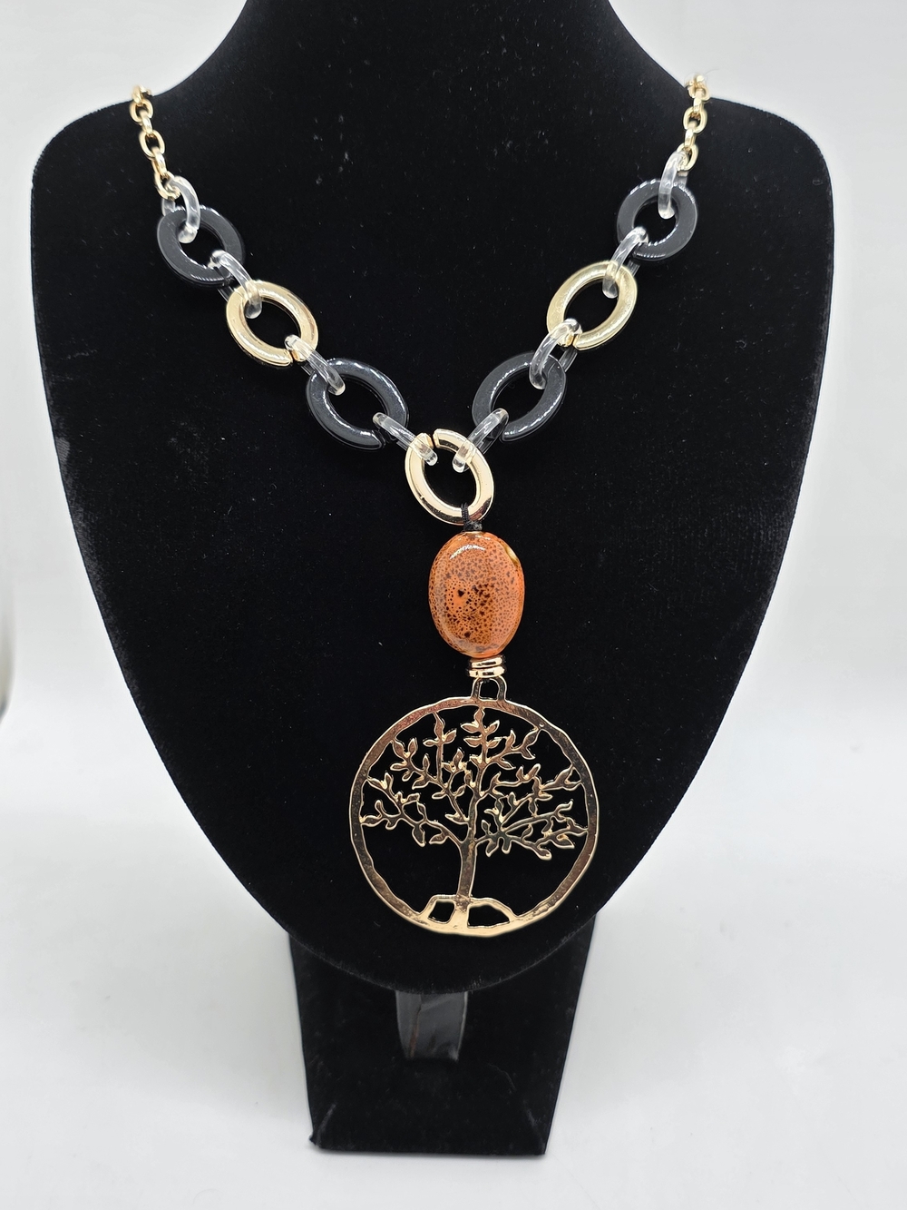 Gold & Black Tree of Life Pendant Necklace with Orange Bead
